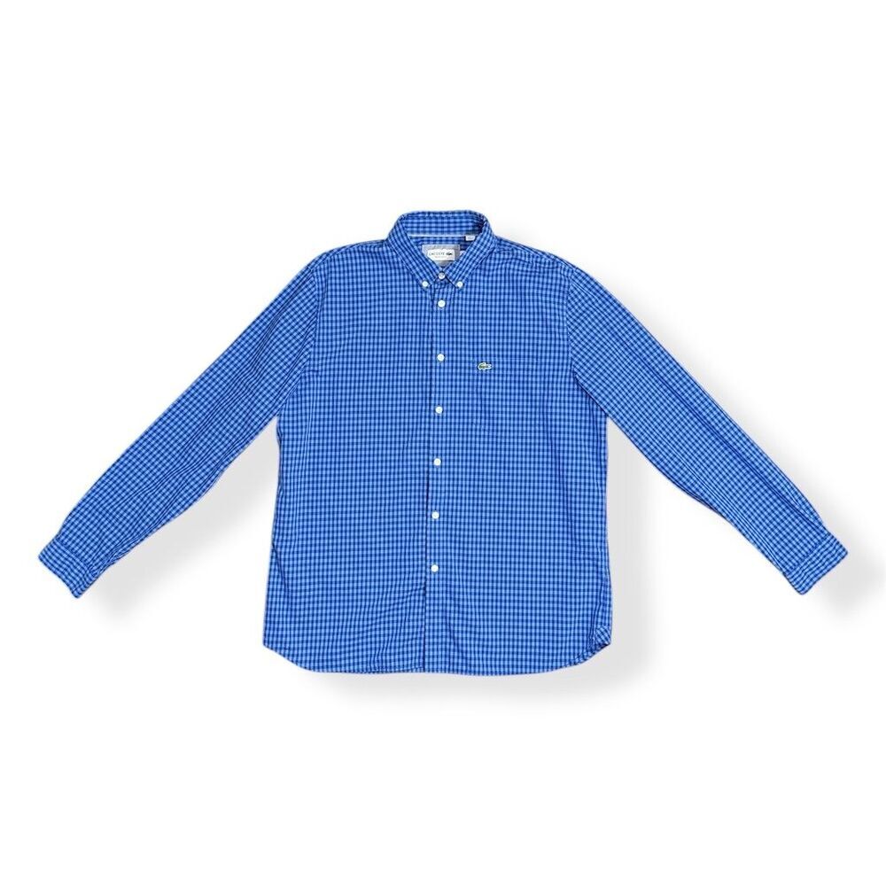 Lacoste Blue Gingham Checks Long Sleeve Button Up Shirt Men’s XL Cotton Preppy